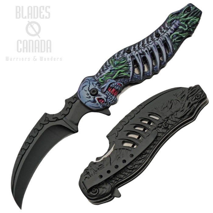 CNM Skull Talon Flipper Folding Knife, Assisted Opening, Black Blade, Blue Skull Handle, CN300308BL