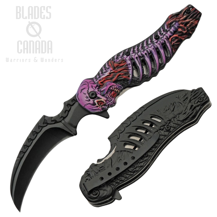 Rite Edge Skull Talon Flipper Folding Knife, Assisted Opening, Black Blade, Purple Skull Handle, CN300308PU