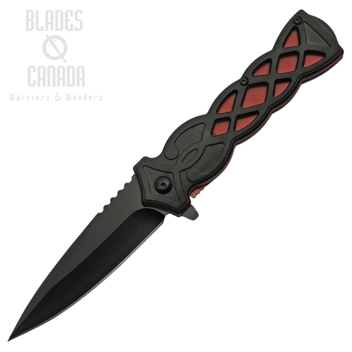 CNM Celtic Flipper Folding Knife, Assisted Opening, Stainless Black, Black/Red Handle, CN300517