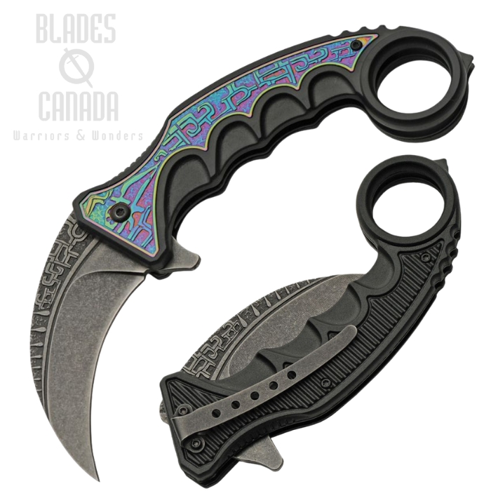 Rite Edge Gothic Karambit Flipper Folding Knife, Assisted Opening, Stainless Black SW, Black/Spectrum Handle, CN300612RB