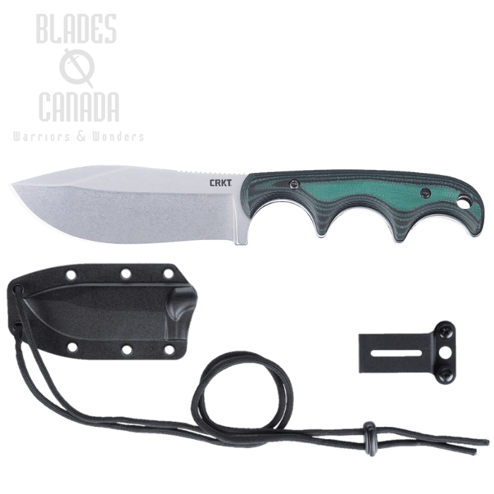 CRKT Minimalist Nessmuk Fixed Blade Knife, D2 Stonewash, Micarta Green/Black, Black Sheath, 2376