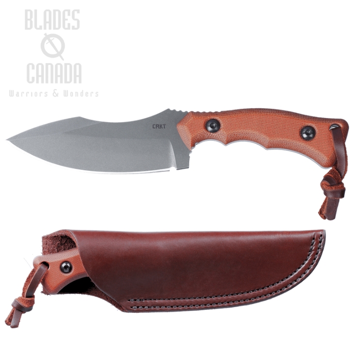 CRKT Bugsy Fixed Blade Knife, 1095 Carbon, Micarta Brown, Leather Sheath, 3600