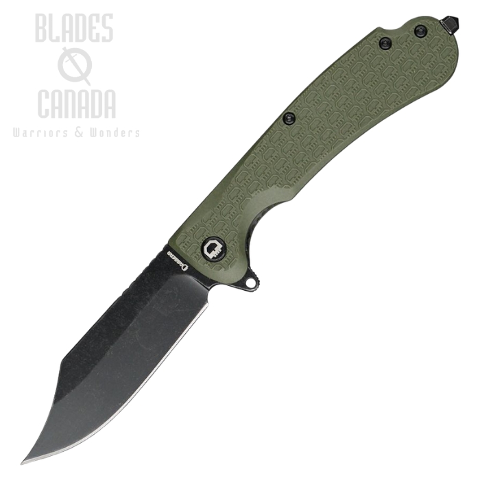 Daggerr Powie Flipper Folding Knife, Black SW Blade, Textured OD Green Handle, Glass Breaker, DGRPWFOLBW