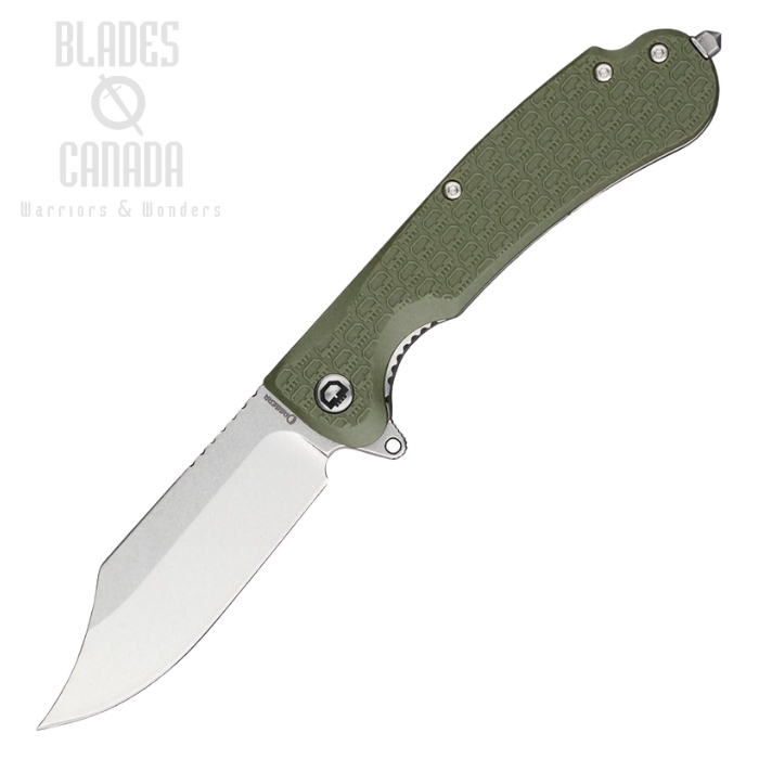 Daggerr Powie Flipper Folding Knife, Stonewash Blade, Textured OD Green Handle, Glass Breaker, DGRPWFOLSW