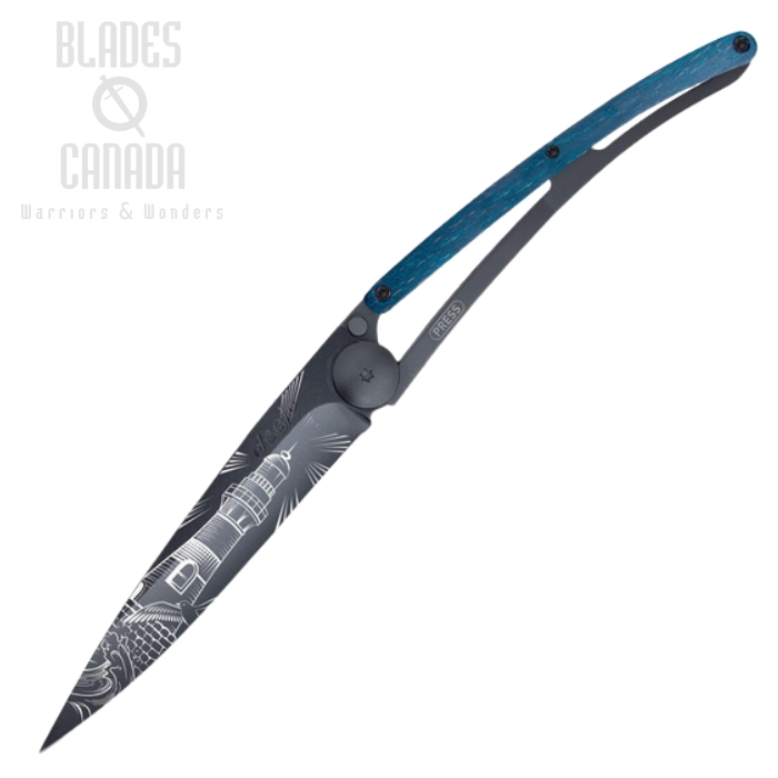 Deejo Tattoo 37g Lighthouse Folding Knife, Stainless Black, Blue Beech Wood, DEE1GB168 (image for) Deejo Tattoo 37g Lighthouse Folding Knife, Stainless Black, Blue Beech Wood, DEE1GB168