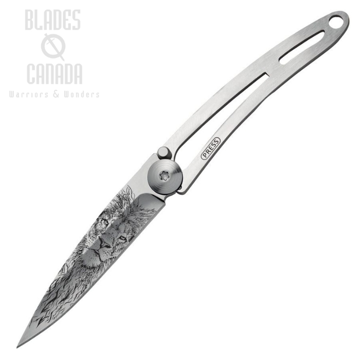 Deejo Tattoo Folding Knife, Stainless Satin Lion, Stainless Handle, DEE7AK001