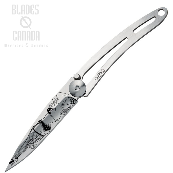 Deejo Tattoo Folding Knife, Stainless Pin Up Woman, Stainless Handle, DEE7AK004