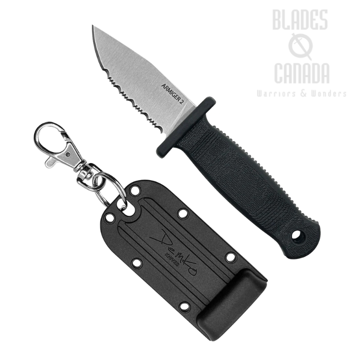 Demko Armiger 2 Fixed Blade Knife, 4034SS Clip Point Serrated, Black Handle, Kydex Sheath, ARM2-4034SS-CP-SERR