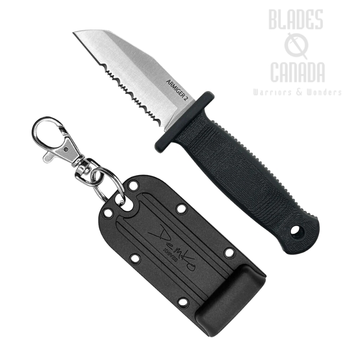 Demko Armiger 2 Fixed Blade Knife, 4034SS Serrated Shark Foot, Black Handle, Kydex Sheath, ARM-4034SS-SF-SERR