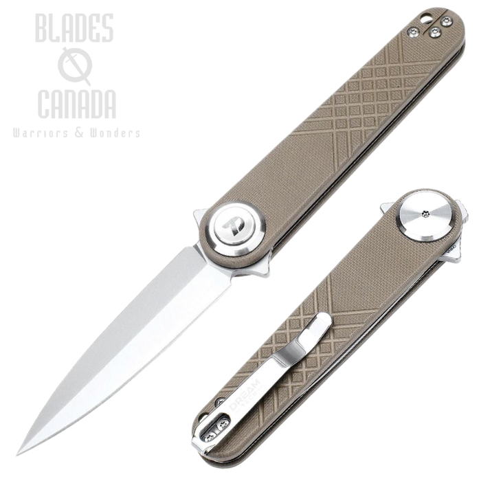 DreamTech Flipper Button lock Knife, 14C28N Bead Blast, G10 Desert Tan, D4052GD (image for) DreamTech Flipper Button lock Knife, 14C28N Bead Blast, G10 Desert Tan, D4052GD