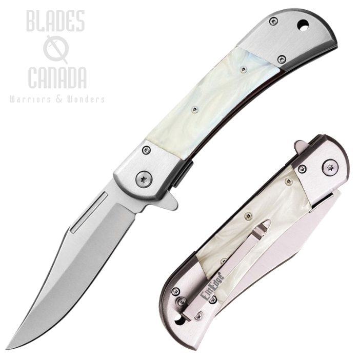 ElitEdge Flipper Folding Knife, Assisted Opening, Stainless Satin, Faux Pearl Handle, EE10009MWP (image for) ElitEdge Flipper Folding Knife, Assisted Opening, Stainless Satin, Faux Pearl Handle, EE10009MWP