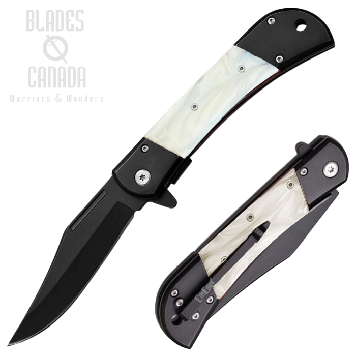 ElitEdge Flipper Folding Knife, Assisted Opening, Stainless Black, Faux Peal Handle, EE10009MWPB (image for) ElitEdge Flipper Folding Knife, Assisted Opening, Stainless Black, Faux Peal Handle, EE10009MWPB