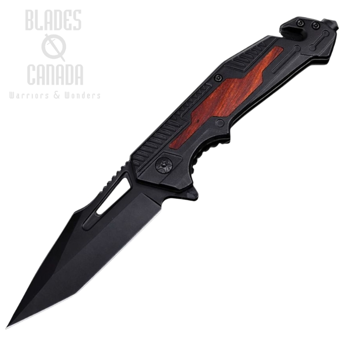 ElitEdge Rescue Flipper Folding Knife, Assisted Opening, 440C Black, Stainless/Wood Handle, 10-A117BKWD (image for) ElitEdge Rescue Flipper Folding Knife, Assisted Opening, 440C Black, Stainless/Wood Handle, 10-A117BKWD