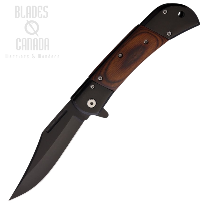 ElitEdge Flipper Folding Knife, Assisted Opening, Stainless Black, Wood Handle, EE10009BW