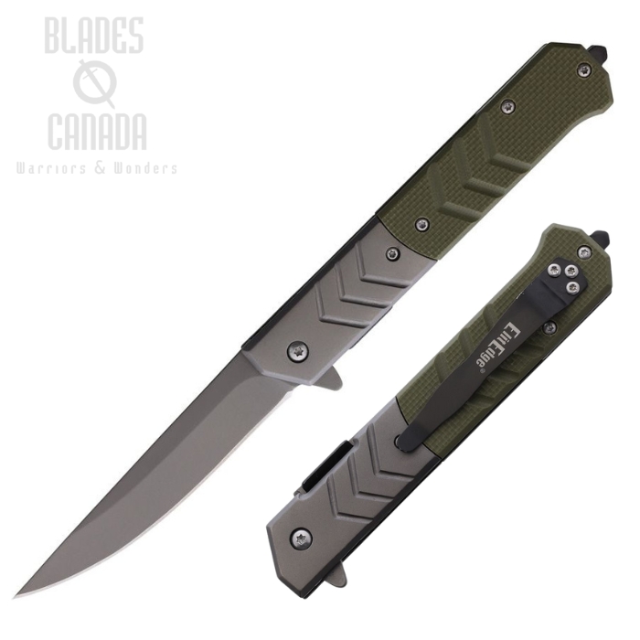 ElitEdge Flipper Folding Knife, Assisted Opening, Gray Ti Blade, G10 Green, EE10A106GN