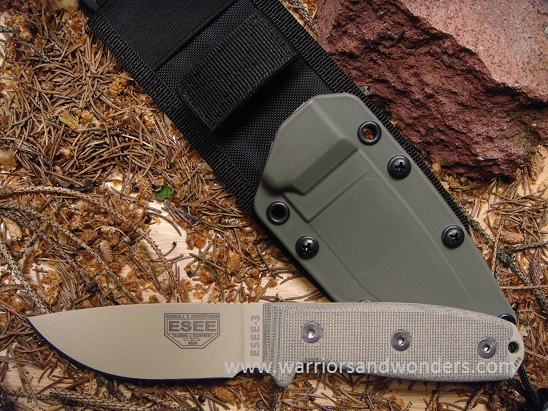 ESEE 3PM-MB-DT Fixed Blade Knife, 1095 Desert Tan, Micarta, Green Sheath w/ MOLLE