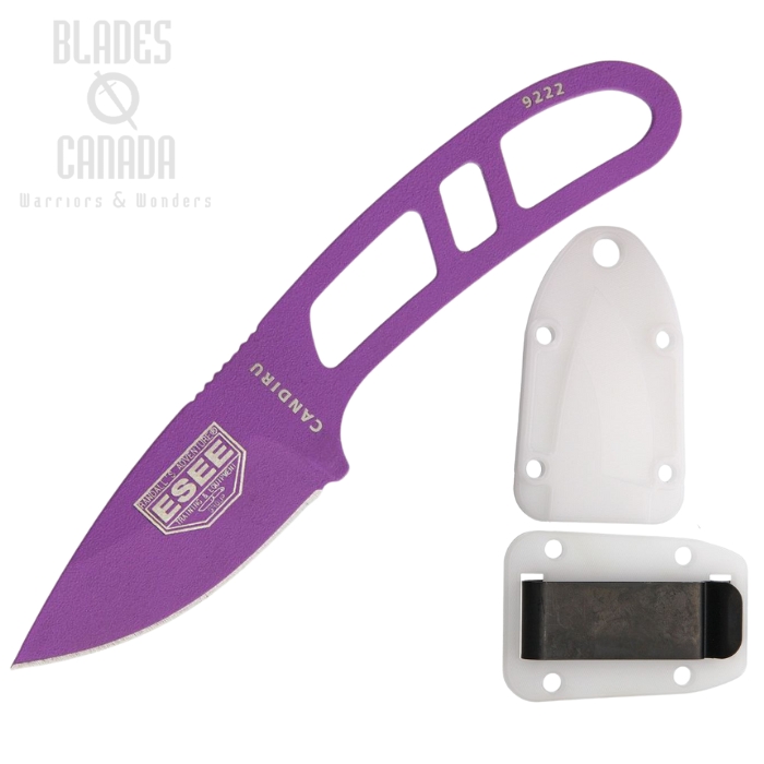 Esee Candiru Fixed Blade Knife, 1095 Purple, White Molded Sheath, CAN-PURP-E