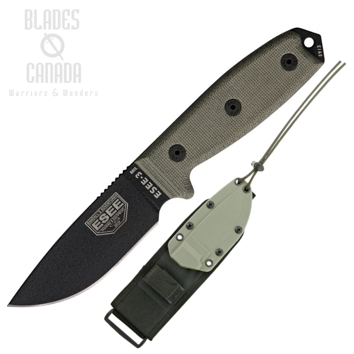 Esee 3MIL Fixed Blade Knife, 1095 Black, Micarta Green, Glass Breaker, OD Green Sheath, ESEE-3MIL-P