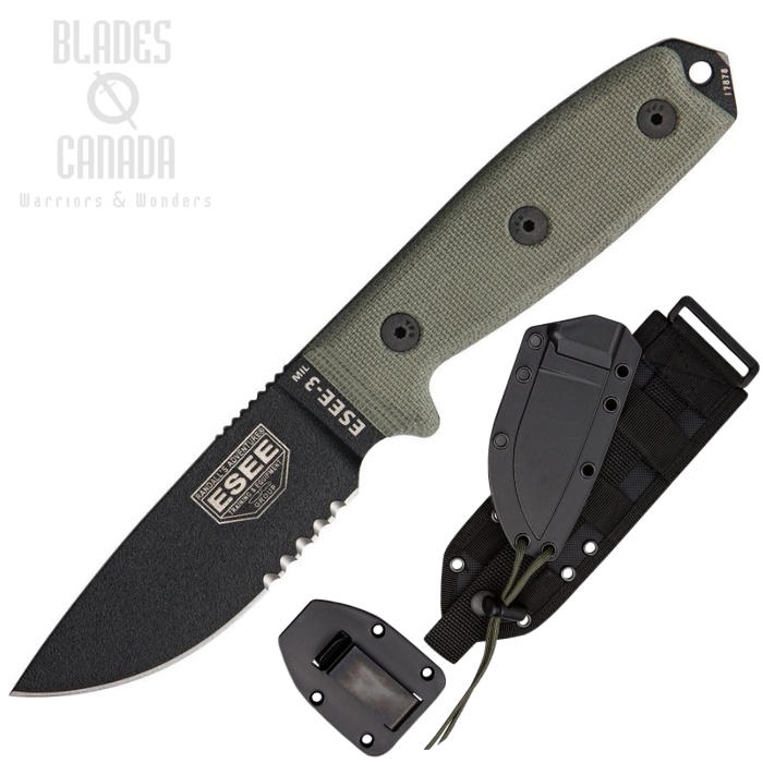 Esee 3MIL Fixed Blade Knife, 1095 Black Partially Serrated, Micarta Green, ESEE-3MIL-S-B