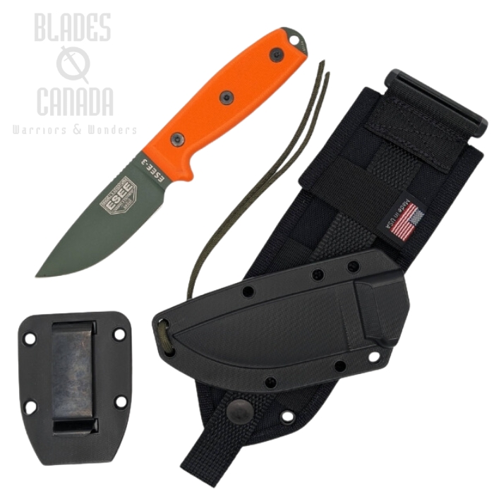 ESEE 3PM-MB-OD Fixed Blade Knife, 1095 Carbon OD Green, G10 Orange Rounded Pommel, MOLLE Sheath, 3PM-MB-OD