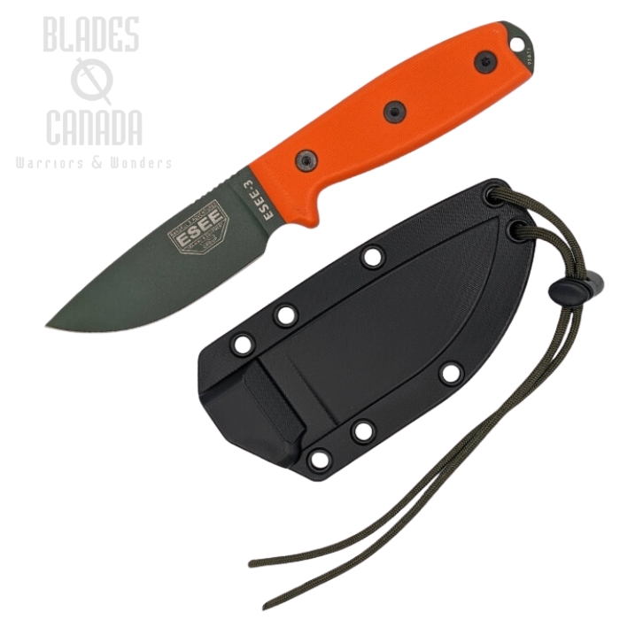 ESEE 3PM-OD Fixed Blade Knife, 1095 Carbon Green, G10 Orange Rounded Pommel, 3PM-OD