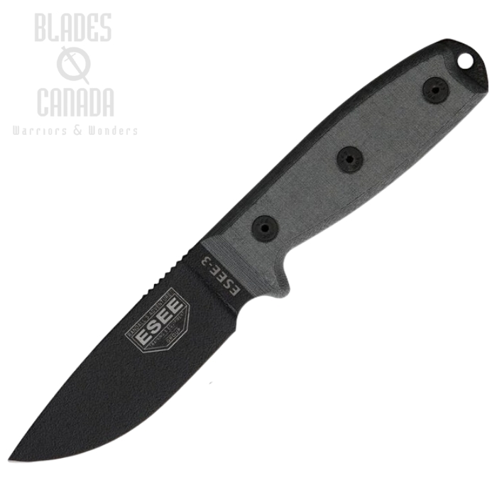 ESEE 3PM-MB Fixed Blade Knife, 1095 Carbon, Micarta Rounded Pommel, Black Sheath