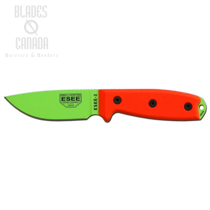 ESEE 3PM-VG Fixed Blade Knife, 1095 Carbon Venom Green, G10 Orange Rounded Pommel, Nylon Sheath