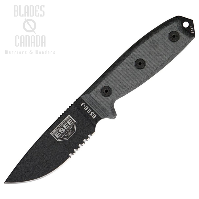 Esee Model 3 Fixed Blade Knife, 1095 Black Partially Serrated, Micarta Black, Coyote Brown Sheath, ESEE-3S