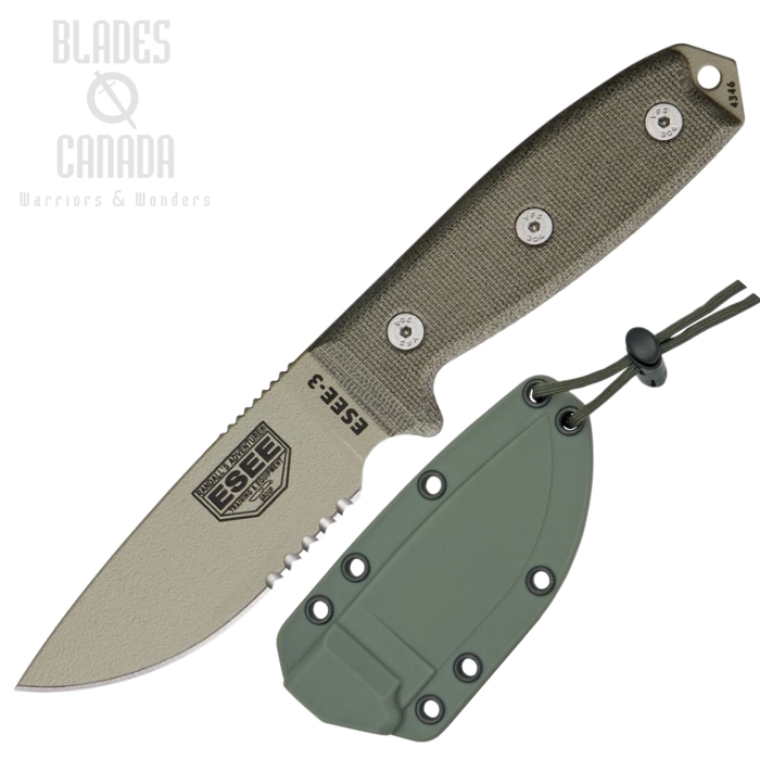 Esee Model 3 Fixed Blade Knife, 1095 Desert Tan Partially Serrated, Micarta, Green Sheath, ESEE-3S-DT