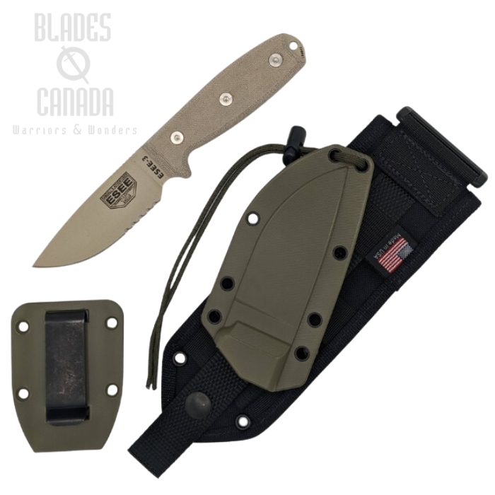 ESEE 3SM-MB-DT Fixed Blade Knife, 1095 Carbon Desert, Micarta Round Pommel, Green Nylon MOLLE Sheath, 3SM-MB-DT