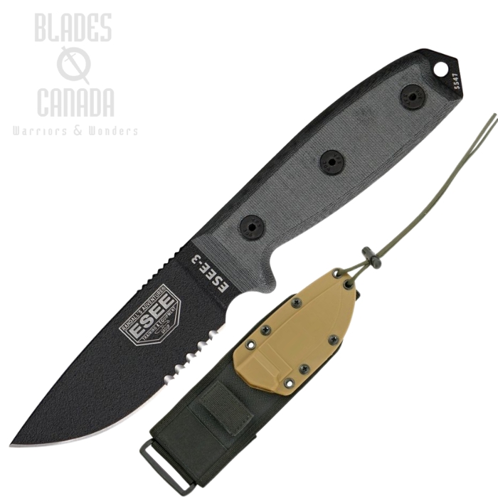 Esee Model 3 Fixed Blade Knife, 1095 Black Partially Serrated, Micarta Black, Brown Sheath, 3SMB