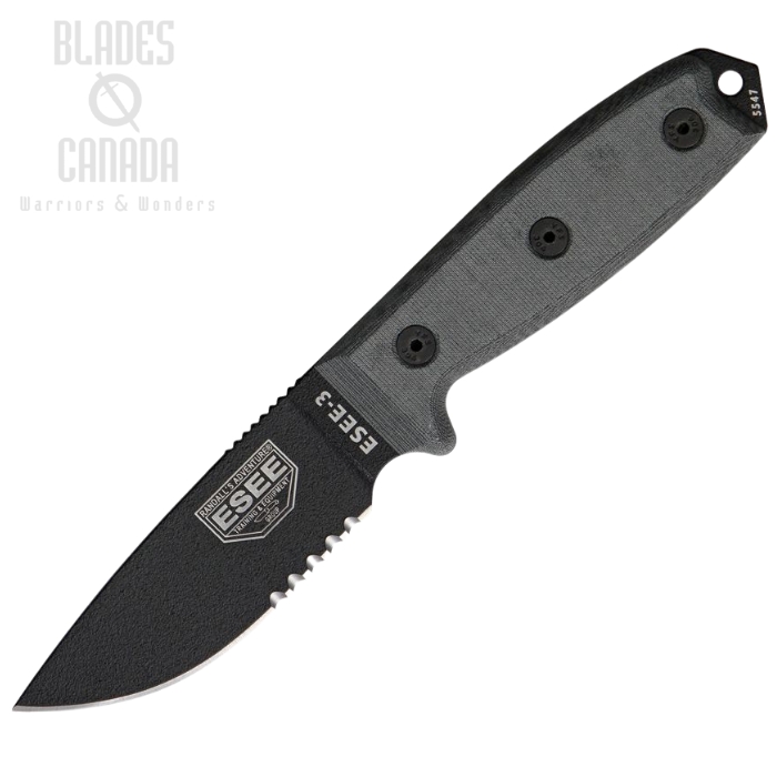 Esee Model 3 Fixed Blade Knife, 1095 Black Partially Serrated, Micarta Black, Black Sheath, ESEE-3S-MB-B