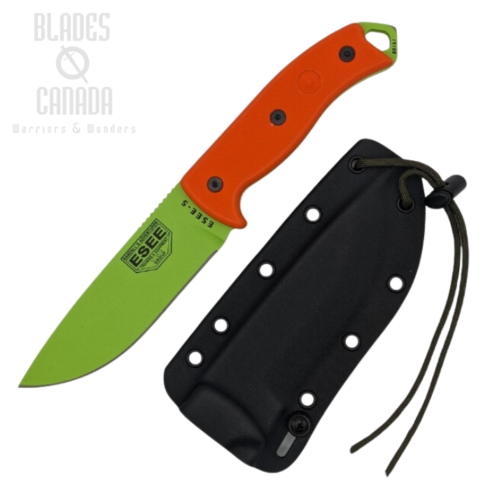 ESEE 5P-VG Fixed Blade Knife, 1095 Carbon Venom Green, G10 Orange, Kydex Sheath, 5P-VG