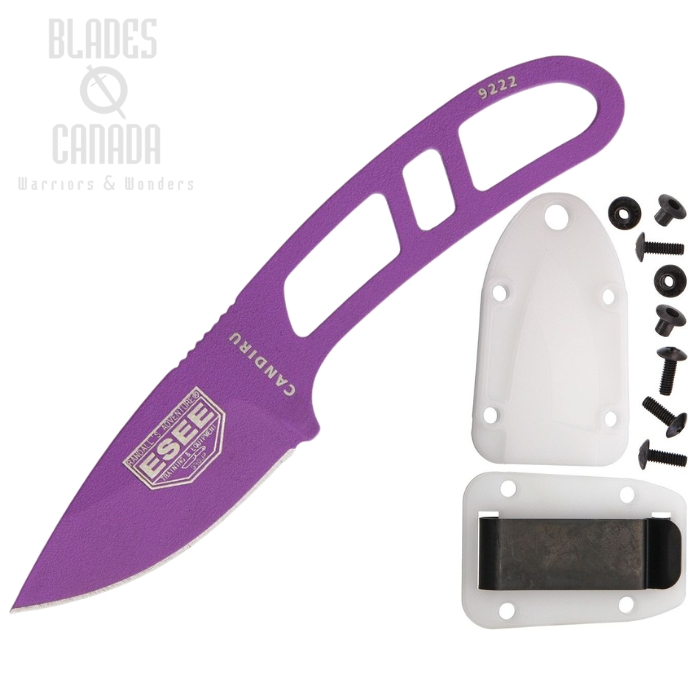 Esee Candiru Fixed Blade Knife w/Kit, 1095 Carbon Purple, White Molded Sheath, CAN-PURP-KIT-E