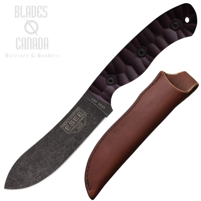 ESEE JG5 Fixed Blade Knife, 1095HC Black, Micarta Burgundy, Leather Sheath, ESJG5LM