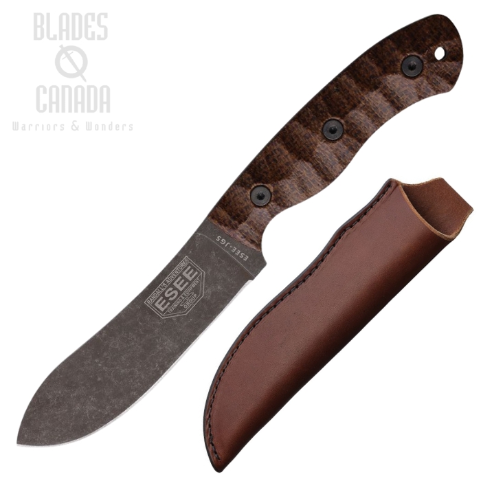 ESEE JG5 Fixed Blade Knife, 1095HC Black SW, Micarta Brown Burlap, Leather Sheath, ESJG5BM