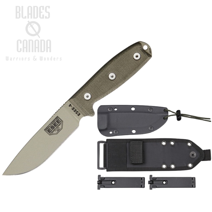 ESEE 4P-MB-DT Fixed Blade Knife, 1095 Carbon Desert Tan, Micarta, Green Sheath MOLLE, 4P-MB-DT (image for) ESEE 4P-MB-DT Fixed Blade Knife, 1095 Carbon Desert Tan, Micarta, Green Sheath MOLLE, 4P-MB-DT