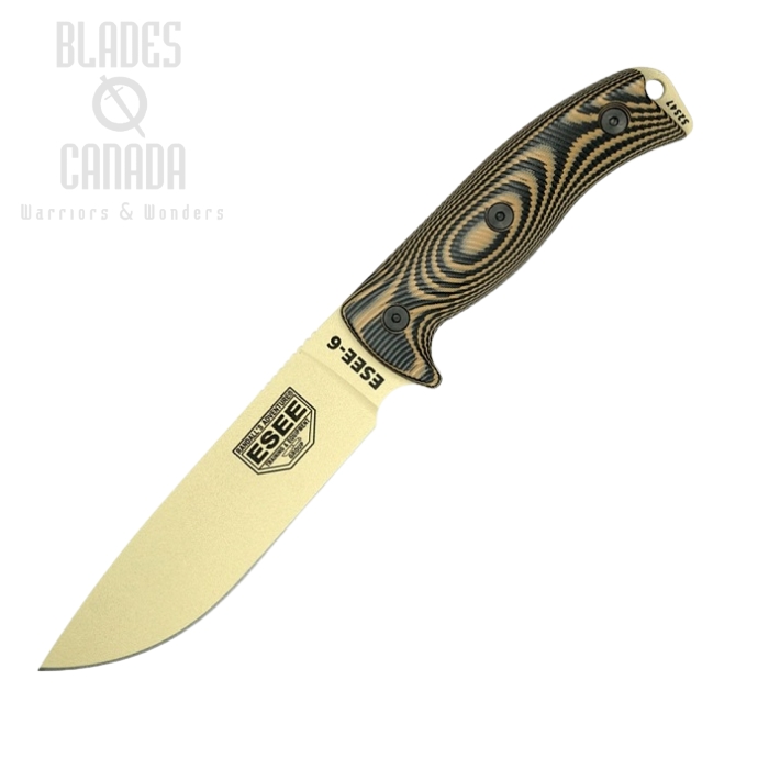 ESEE Model 6 Blade Knife, 1095 Carbon Desert Tan, G10 3D Black/Coyote, 6PDT-005 (image for) ESEE Model 6 Blade Knife, 1095 Carbon Desert Tan, G10 3D Black/Coyote, 6PDT-005