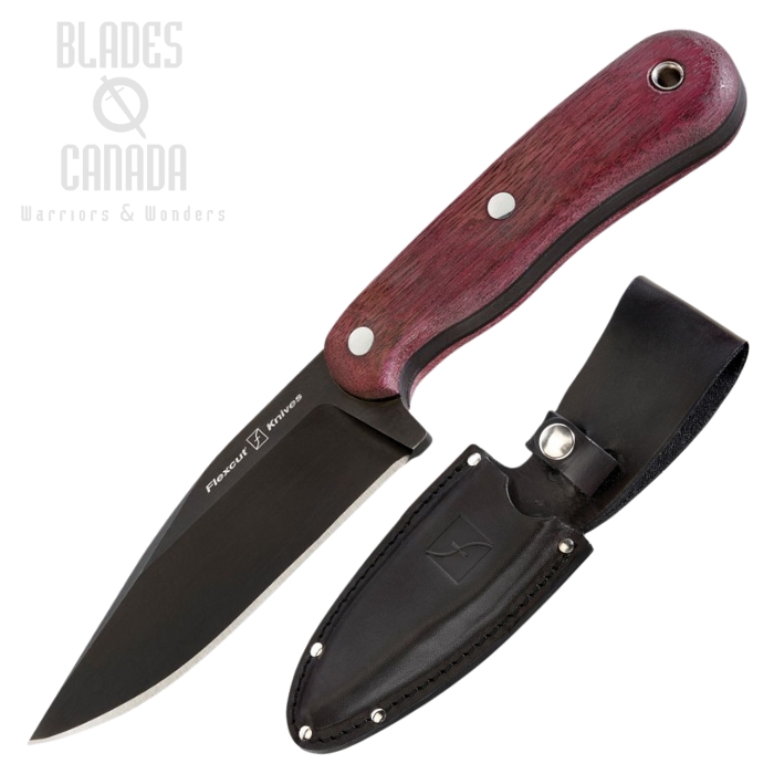 Flexcut Hawthorne Seeker Fixed Blade Knife, 1095 Black, Wood Purpleheart/G10 Black, Leather Sheath, FLEXH4B