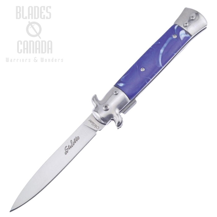 Frost Cutlery Italian Stiletto Milano Flipper Folding Knife, Assisted Opening, Stainless, Blue Handle, FISM001BL