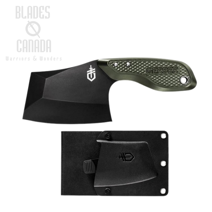 Gerber Tri-Tip Mini Cleaver Fixed Blade Knife, Aluminum Green, Multi-Mount Sheath, G3728 (image for) Gerber Tri-Tip Mini Cleaver Fixed Blade Knife, Aluminum Green, Multi-Mount Sheath, G3728