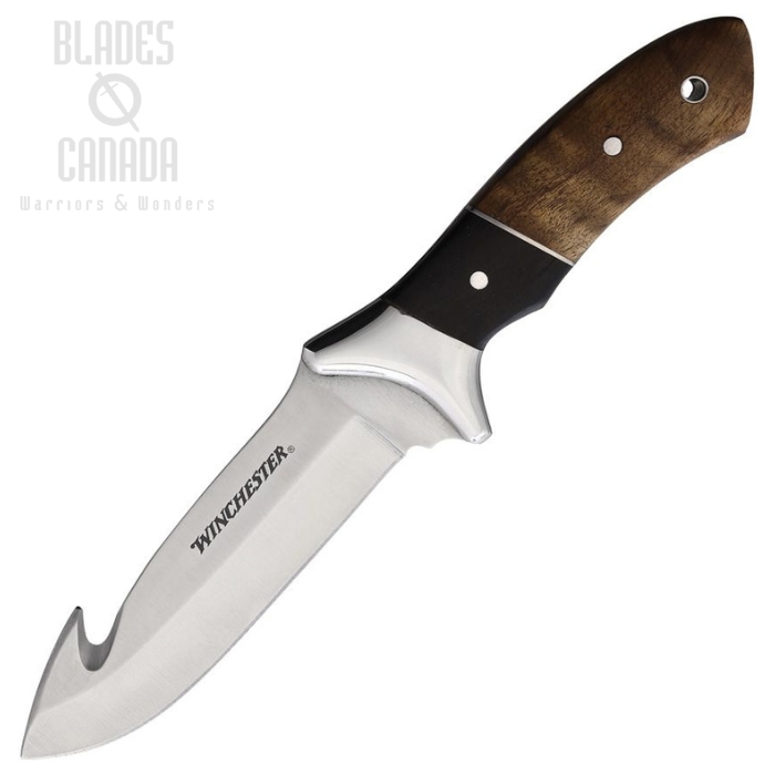 Gerber Winchester Fixed Blade Knife, Stainless Satin Guthook, Burl Wood, Nylon Black Sheath, G2241783