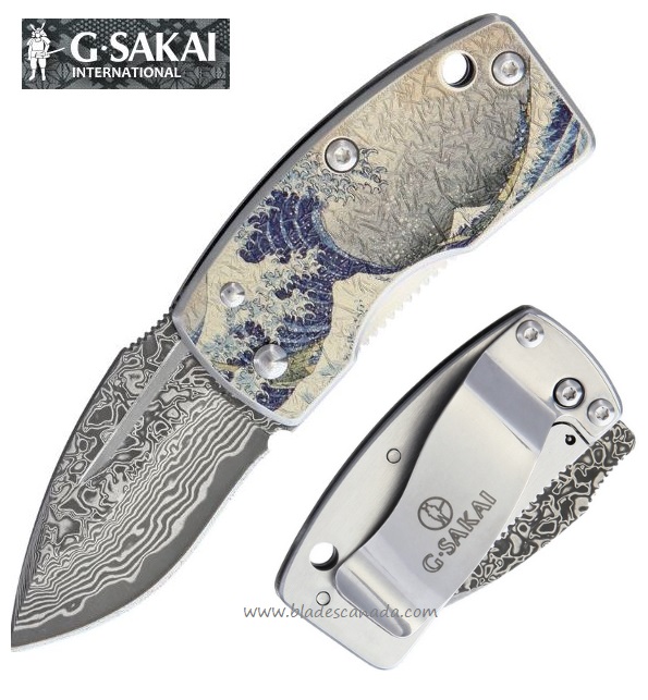G. Sakai Money Clip Blue Wave Framelock Folding Knife, Damascus, GS11606 - Click Image to Close