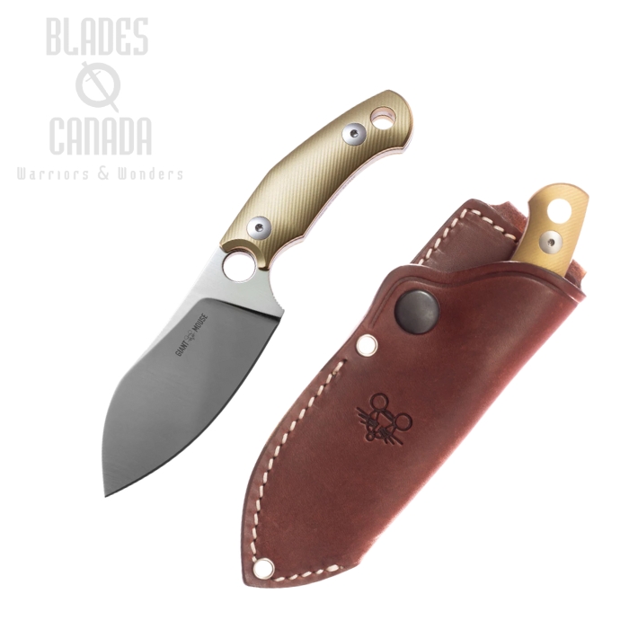 GiantMouse GMF1 Fixed Blade Knife, Elmax Satin, Brass, Leather Sheath, GMF1-XL-BRASS