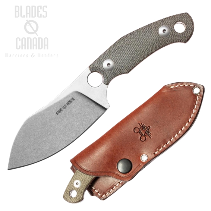 GiantMouse GMF1-XL Fixed Blade Knife, N690 SW, Micarta Green, Leather Sheath, GMF1-XL-GRN-CANVAS