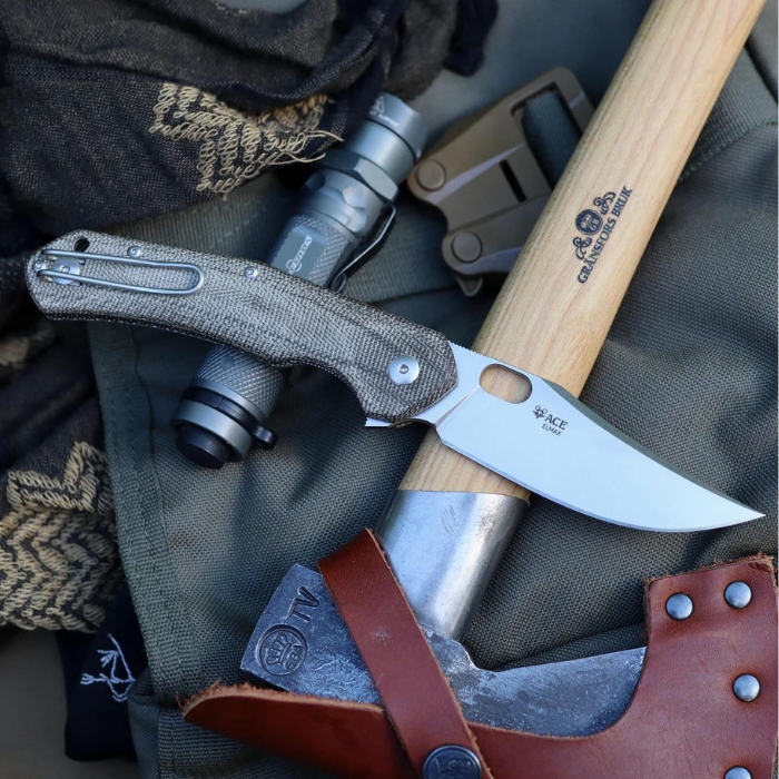 GiantMouse ACE Jutland Flipper Folding Knife, Elmax Satin, Micarta Green, JUTLAND-GRN-CANVAS