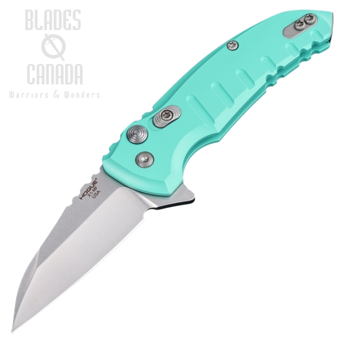 Hogue X1 Microflip Flipper Button Lock Knife, CPM 154 Stone Tumbled, Alumium Aquamarine Matte, 24163