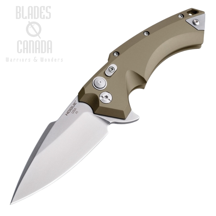 Houge X5 Flipper Button Lock Knife, CPM 154 Stone Tumbled, Aluminum FDE, HO34554