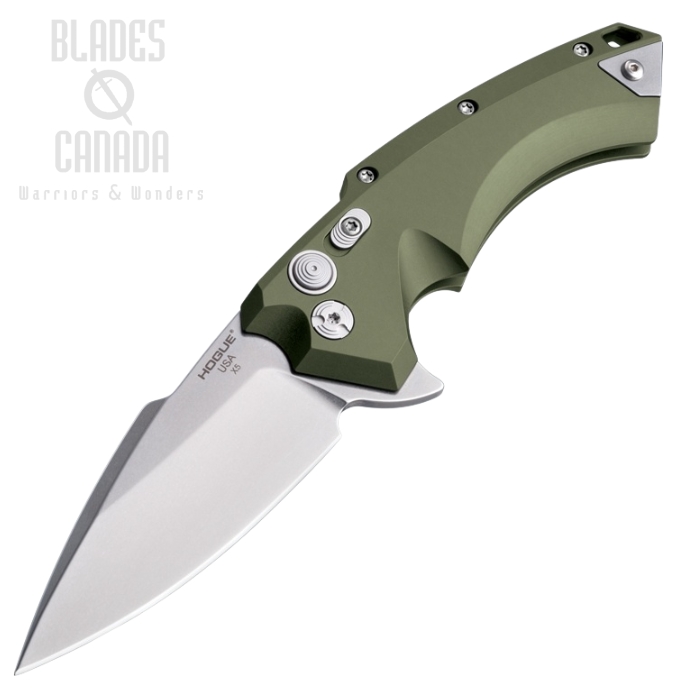 Hogue X5 Flipper Button Lock Knife, CPM 154 Stone Tumbled, Aluminum Olive Drab, HO34571