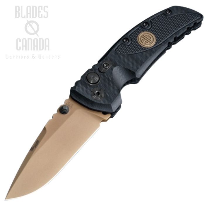 Hogue Sig EX-01 Button Lock Folding Knife, 154CM Flat Dark Earth, G10 Black Mini Piranha, 36170